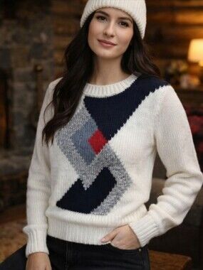 Vtg 80s Hand knit Bramble Lane geometric Chunky pattern white/black sweater Sz S